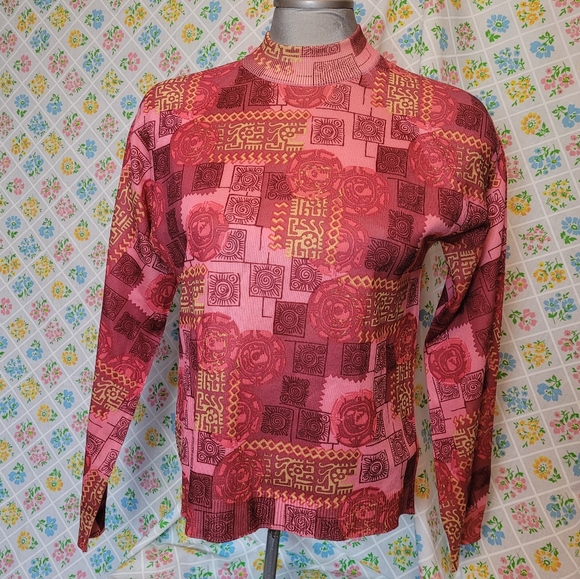 Pink 1960s 1970s mock neck long sleeve print top - Picture 2 of 14